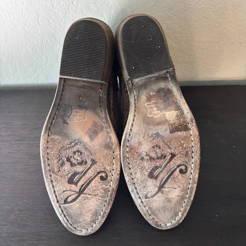 Free People Ankle Boots Dorado 38 Croc Embossed Leather Brown Western Boho